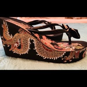 Bebe Dragon Crystal Bow Wedge Sandals